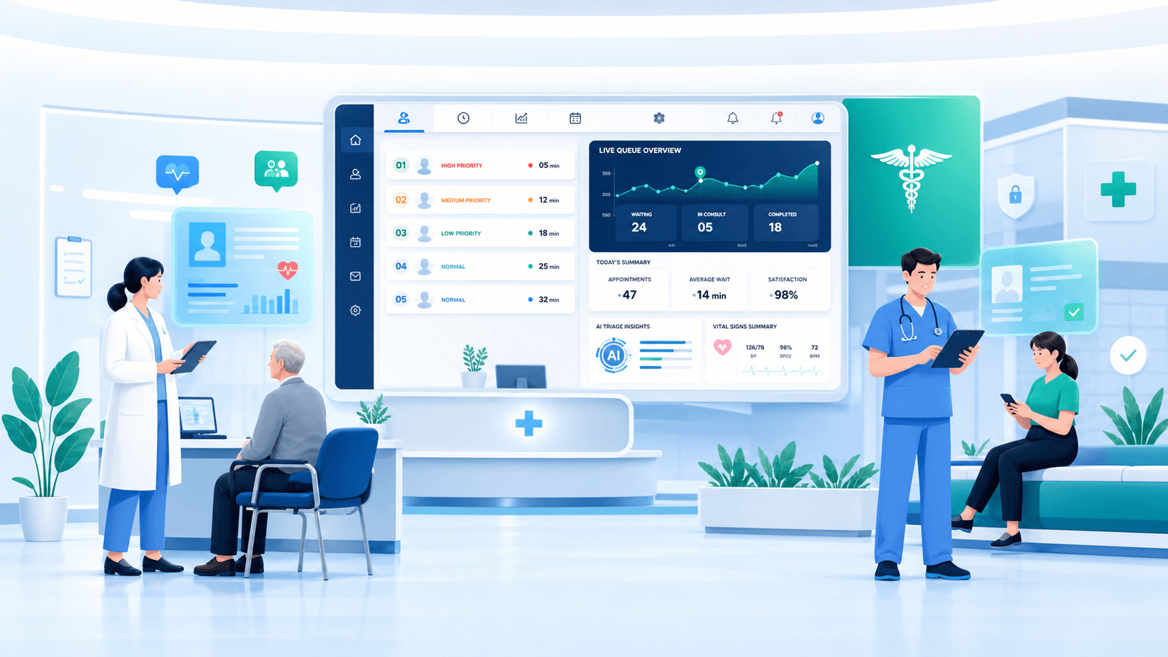 CortexMed hospital queue dashboard illustration